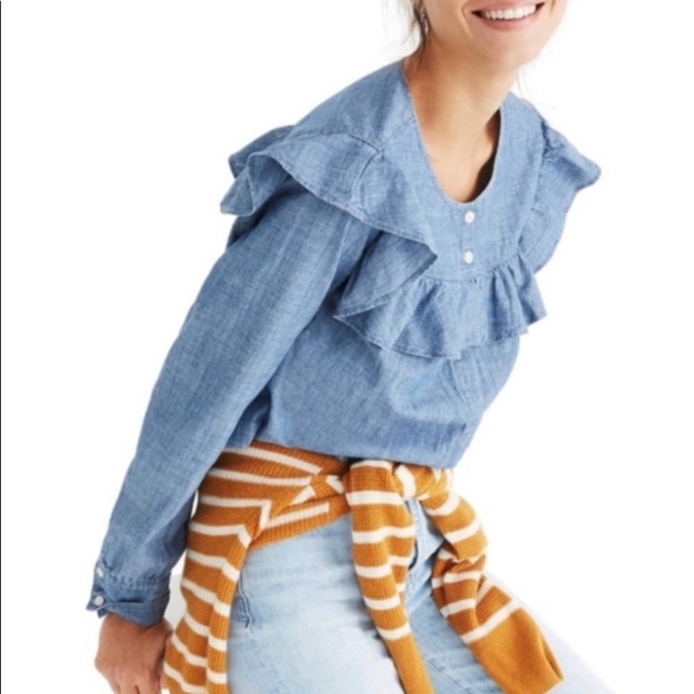 Madewell Chambray Ruffle Yoke Top XS